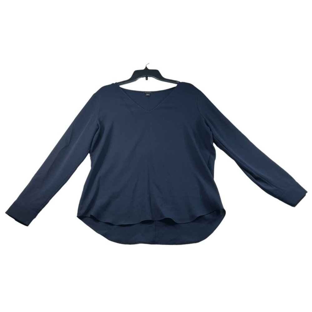Ann Taylor Blouse Womens size Large Navy Blue  Business Roll Tab Long Sleeve